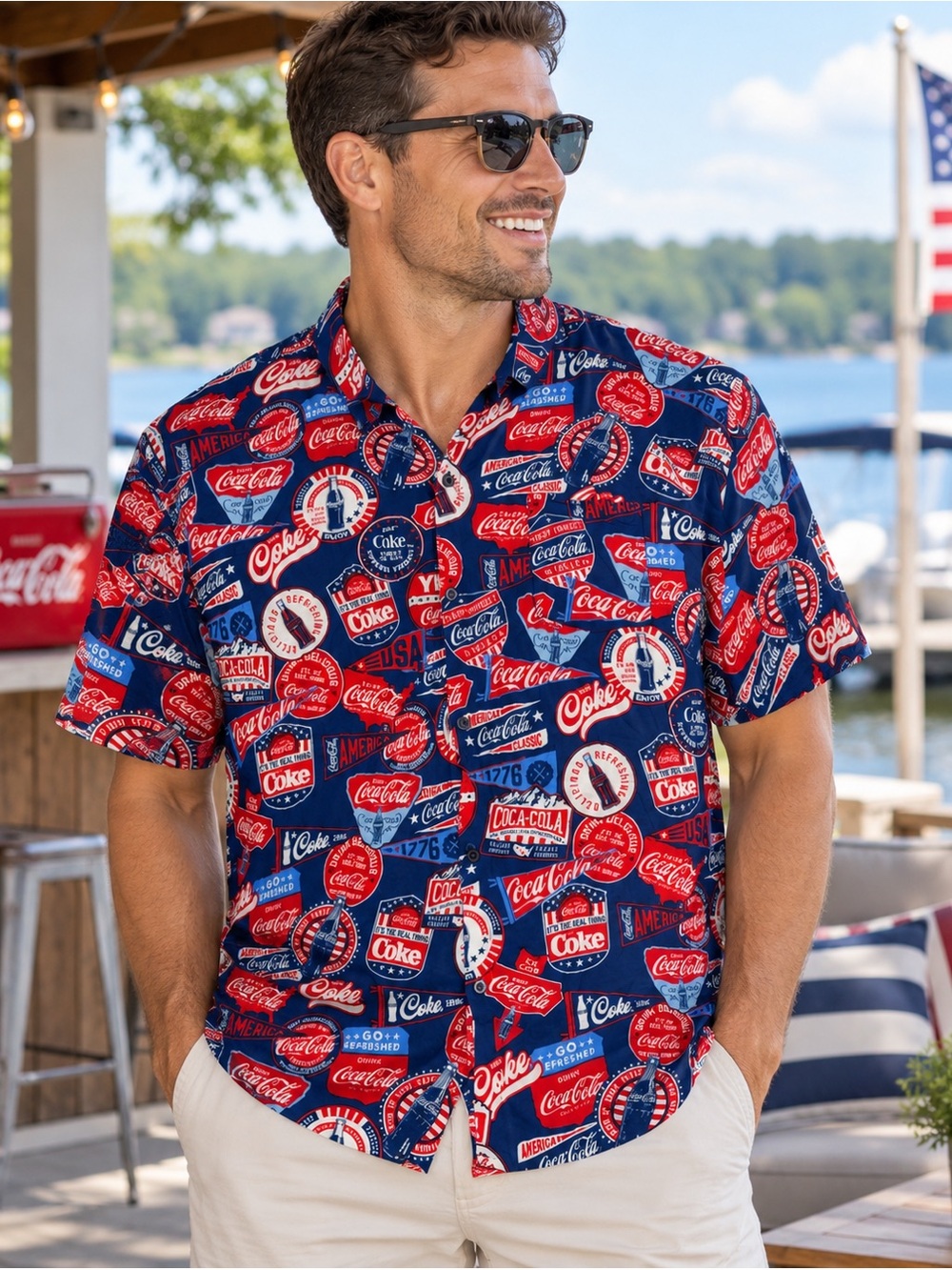 Coca-Cola Men’s XXL Patriotic Americana All Over Print Button Up Shirt